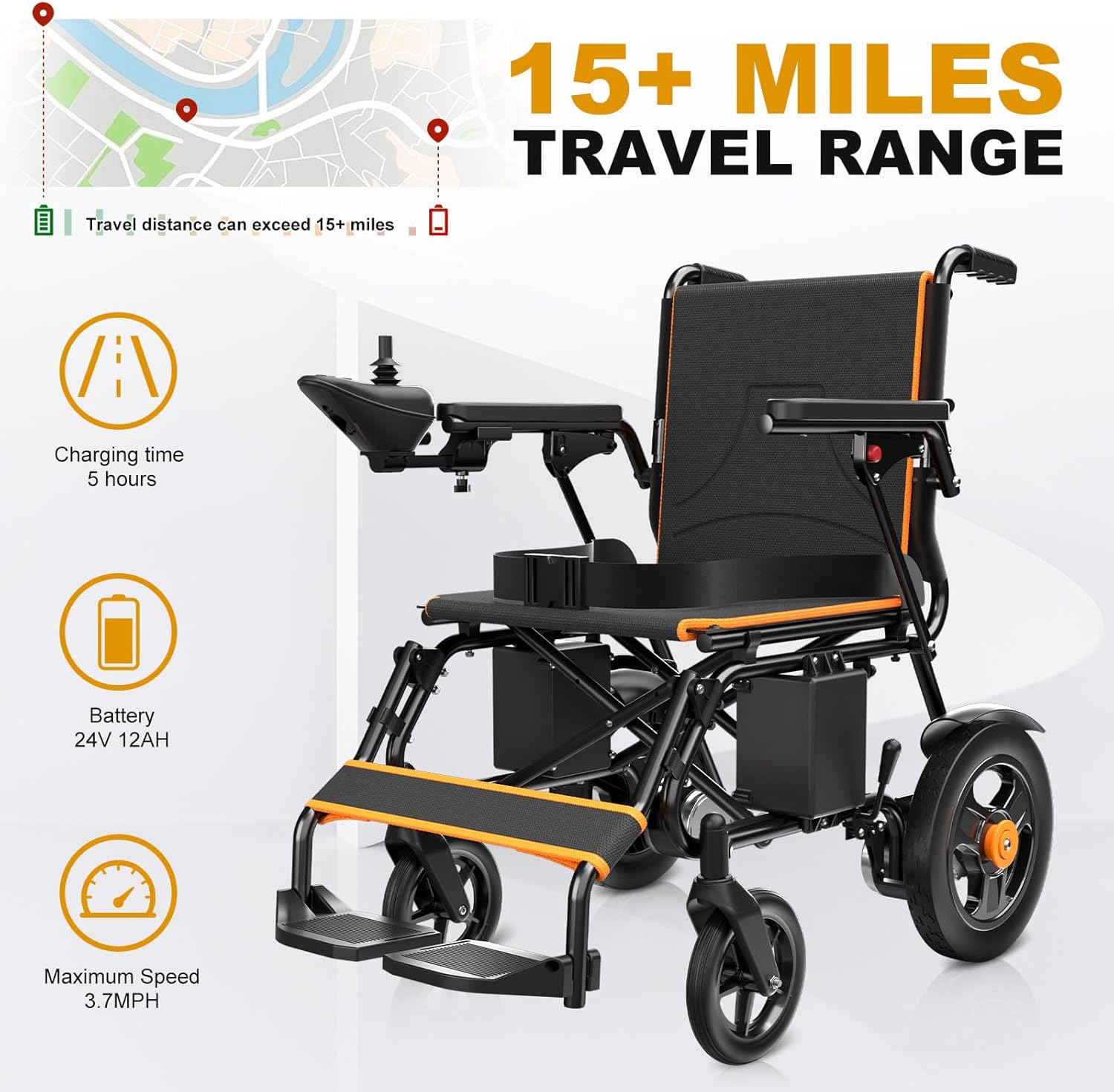 Mobivon Foldable Electric Wheelchair with Dual Motor, 15-Mile Range, Lead-Acid Battery, 350 lb Capacity – Portable Mobility Chair for Adults