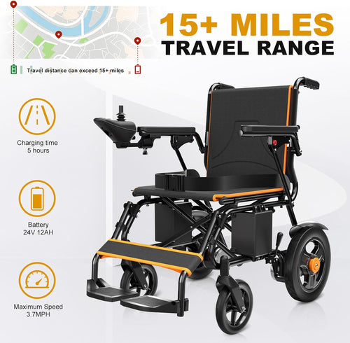 Mobivon Foldable Electric Wheelchair with Dual Motor, 15-Mile Range, Lead-Acid Battery, 350 lb Capacity – Portable Mobility Chair for Adults