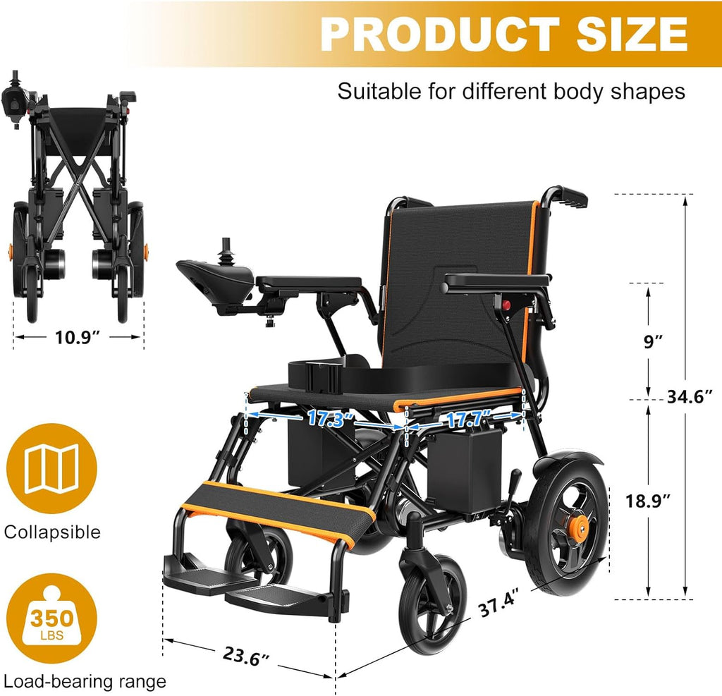 Mobivon Foldable Electric Wheelchair with Dual Motor, 15-Mile Range, Lead-Acid Battery, 350 lb Capacity – Portable Mobility Chair for Adults
