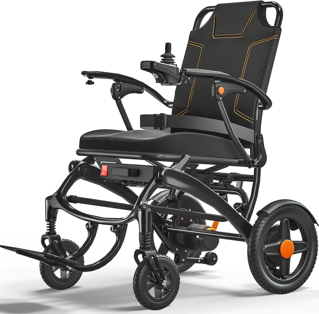 Mobivon Foldable Electric Wheelchair for Adults, Lightweight Carbon Fiber Power Chair with Dual Motor, All-Terrain Design