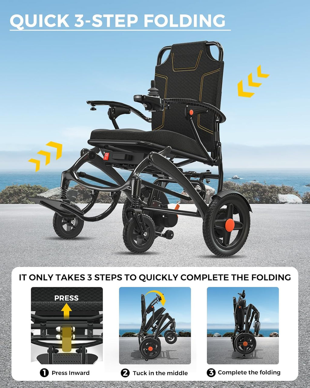 Mobivon Foldable Electric Wheelchair for Adults, Lightweight Carbon Fiber Power Chair with Dual Motor, All-Terrain Design
